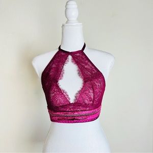 NWT Victoria’s Secret Maroon Rhinestone Embellished Lace Halter Bra Bralette Top
